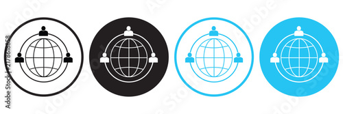Global audience and community icon. People group under globe symbol representing worldwide network, international users, global communication and online community.