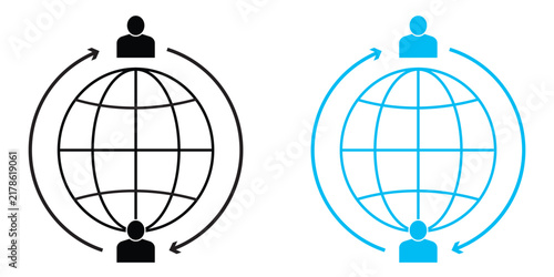 Global audience and community icon. People group under globe symbol representing worldwide network, international users, global communication and online community.