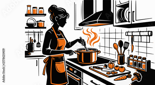  Cooking at Modern Kitchen Stove  