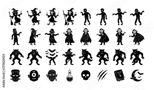 Spooky Halloween Witch Zombie Vampire and Werewolf Cartoon Vector Set