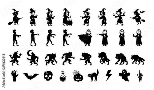 Cute Scary Halloween Monster Character Silhouettes Vector Sticker Collection