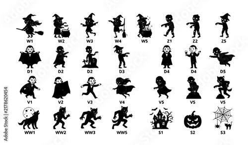 Halloween Monster Black Silhouette Stickers Witch Zombie Dracula Vampire Werewolf