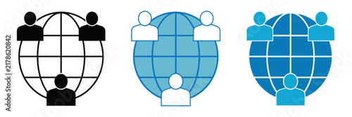 Global audience and community icon. People group under globe symbol representing worldwide network, international users, global communication and online community.