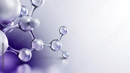 Partial shot of shiny glass molecular model placed on left side of gradient light purple and white background for science chemistry biotechnology research concepts