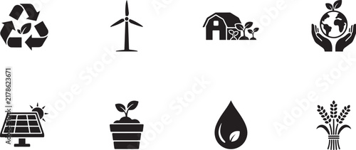 Set of Eco Friendly and Sustainable Agriculture Icons, Recycling, Green Energy, Organic Farming and Environmental Protection Vector. Black Silhouette Vector