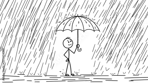 Stick figure standing under umbrella during heavy rain isolated on transparent background. Hand drawn doodle illustration representing protection, safety, insurance, optimism, and resilience. 