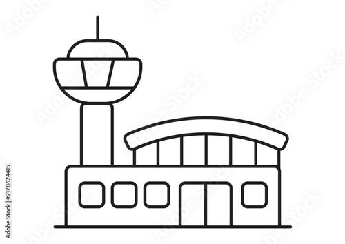 Line drawing of a modern airport terminal building with a control tower behind it