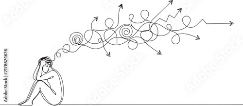 Stressed Person Sitting with Chaotic Thoughts and Arrows, Mental Stress Concept One Line Art. one line art icon darwing vector