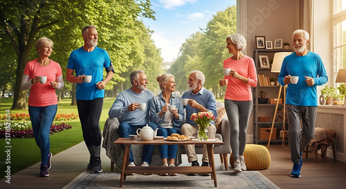 Active senior adults enjoying coffee break together indoors and on outdoor terrace