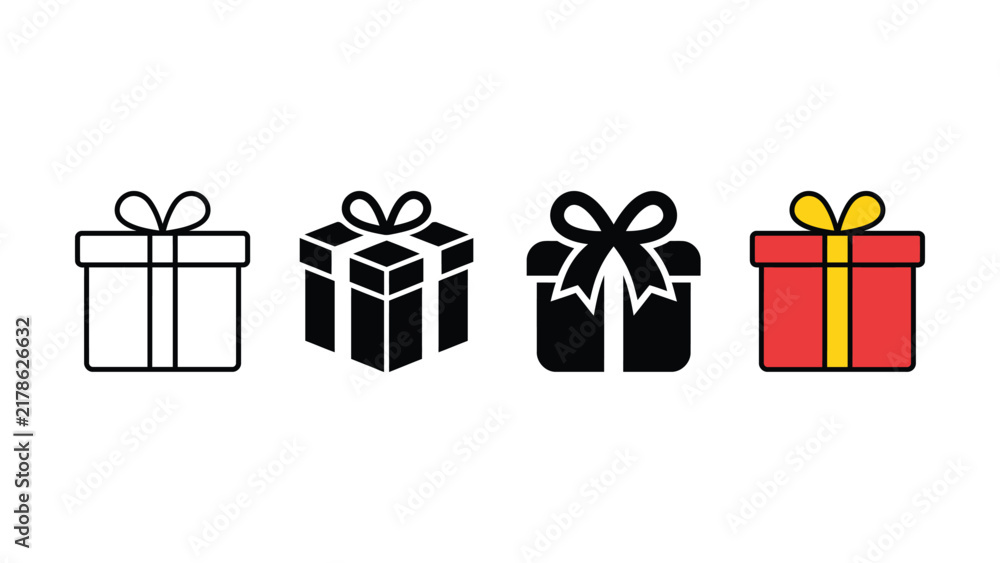 Fototapeta premium Set of four different gift box icons with various line and flat vector graphic styles isolated