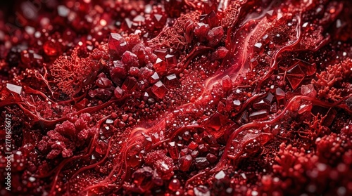 Abstract red crystal texture with glowing veins and faceted gems. Macro close-up of ruby mineral surface with organic coral
