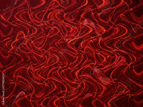 Abstract red background with glowing wavy lines and swirling curves. Dynamic flowing texture of fiery light waves. Modern design backdrop for poster, banner, wallpaper and creative projects.