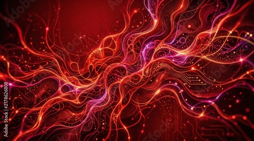Abstract glowing red energy waves and light streams on dark background. Digital flow of data and neural connections. Futuristic technology concept for wallpaper, backdrop and graphic design.