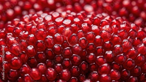 Closeup of ripe juicy pomegranate seeds filling whole frame. Red fruit texture background with fresh glossy berries. Healthy food, nutrition and vitamin concept for juice packaging and diet design.