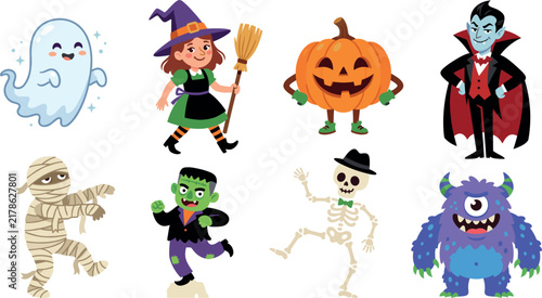 Cute Halloween Cartoon Character Set with Friendly Ghost, Little Witch, Pumpkin Mascot, Dracula Vampire, Frankenstein, and Skeleton Vectors for Holiday Creative Graphic Designs