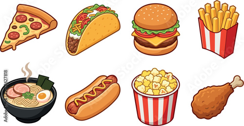 Fast Food and Snack Icon Bundle Vector Illustration of Burger Pizza Taco French Fries Ramen Hot Dog Popcorn and Fried Chicken Drumstick