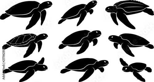 Sea Turtle Silhouette Vector Collection with Swimming Marine Animals, Ocean Wildlife Shapes, and Decorative Tortoise Icons for Laser Cutting, Tattoos, and Tribal Graphic Designs