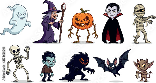 Cute and Spooky Halloween Monster Character Set with Cartoon Ghost, Witch, Vampire, Skeleton, and Jack o Lantern Icons for Holiday Graphic Designs