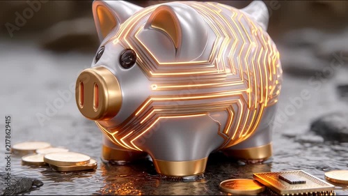 Digital piggy bank concept with circuit board design and golden coins