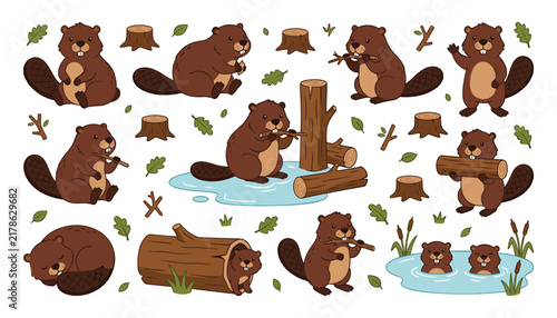 Bild auf Leinwand Cute Cartoon Beaver Sticker Set with Funny Forest Animal Illustrations Gnawing L