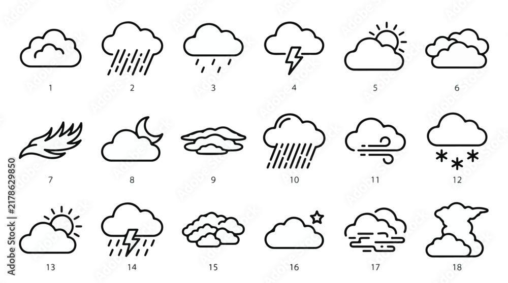 Obraz premium Weather and Cloud Forecast Line Art Icon Set 