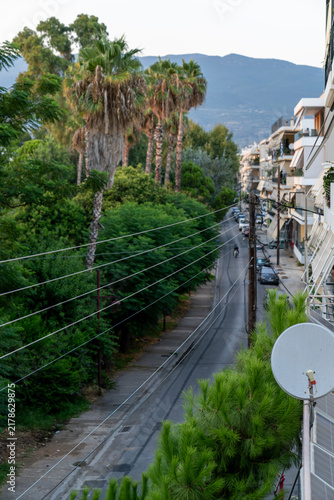 Scenic Mediterranean city street view with palm trees, mountain background and residential balconies