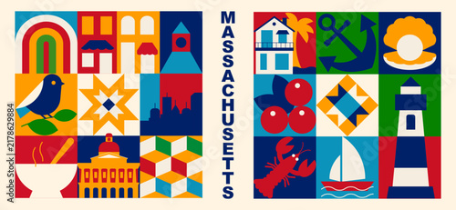 Massachusetts Square Geometric Banners with Boston. Modular Vector Templates