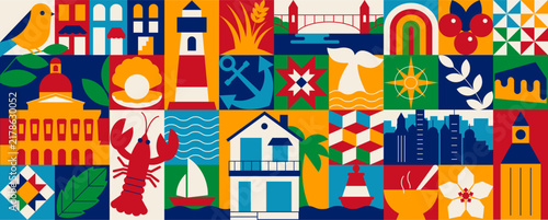 Massachusetts Geometric Mosaic Banner with Boston. Modular Vector Design