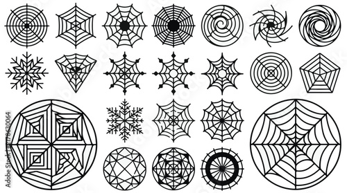 Spider web vector icons set, black cobweb silhouettes for Halloween decor, 21 geometric spiderweb line art illustrations isolated PNG with Transparent Background Halloween Editable EPS