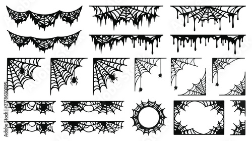 Spooky spider web borders and corner frames, black cobweb decorative elements set, gothic halloween vector illustrations isolated PNG with Transparent Background Halloween Editable EPS