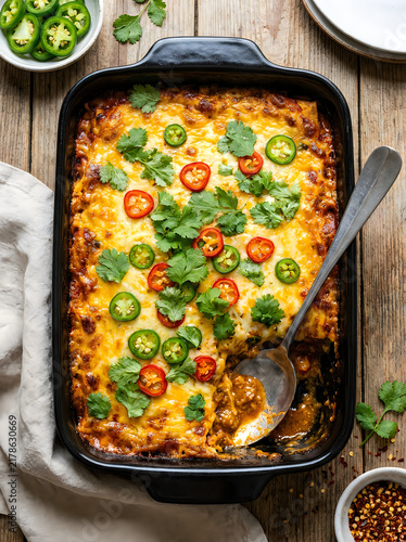 Delicious mexican casserole dish topped with melted cheese and fresh spicy jalapeno peppers