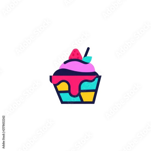 Colorful flat vector logo of a cupcake or frozen yogurt bowl with pink icing, a strawberry garnish, and a geometric yellow and teal base, isolated on a white background.