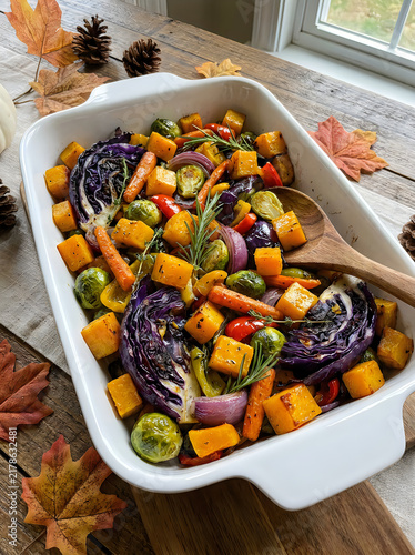 Roasted vegetables with squash and cabbage in a baking dish for a healthy autumn dinner