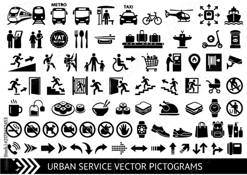 Urban Service Vector Pictograms: A comprehensive collection of black and white vector icons representing various urban services and activities.