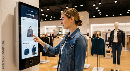 Young woman using smart clothing store touchscreen kiosk for digital fitting and shopping