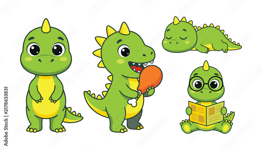 Fototapeta premium Cute Green Baby Dinosaur Vector Character Set Doing Activities Eating Chicken Sleeping and Reading Book with Glasses for Children Nursery Illustration Designs