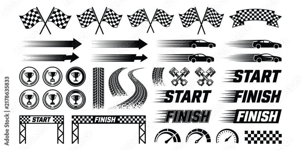 Obraz premium Set of black and white racing icons featuring checkered flags speed lines and start finish line graphics