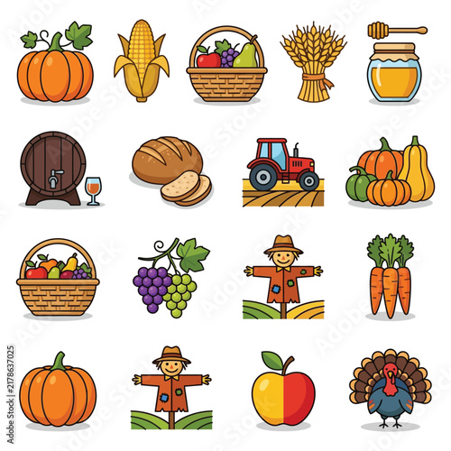 Colorful Harvest Season Flat Icons Set.