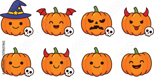 Cartoon pumpkins with expressive faces and skulls isolated on white background for spooky Halloween decoration