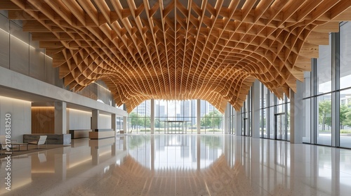 Modern office building lobby interior with a unique wooden lattice ceiling and polished marble floors