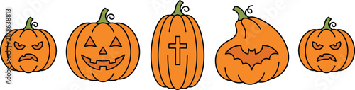 Row of five carved jack o lantern pumpkins with angry faces cross and bat designs isolated on white background for Halloween decoration