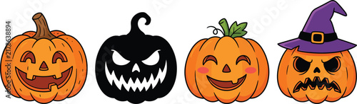 Row of four cartoon jack o lantern pumpkins with cheerful spooky and angry faces isolated on white background for Halloween decoration
