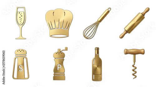Golden Kitchen Utensils and Barware Isolated Icons Set