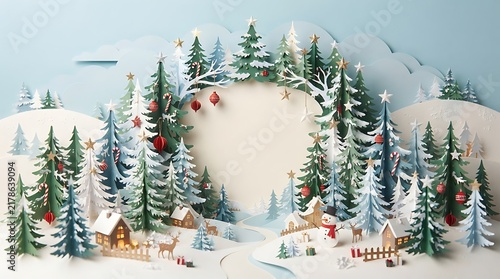 Double exposure of a winter forest and majestic mountain range in soft tones