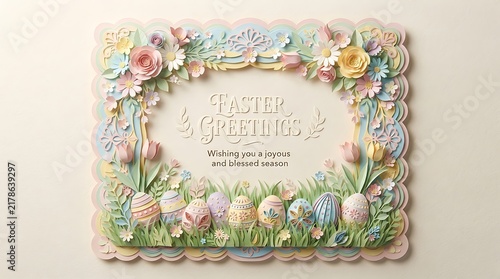 Vintage easter card with watercolor floral frame and cute bunny illustrations