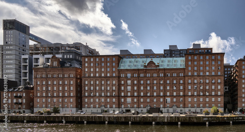 Historic building complex of the former Tre Kronor mill on the Kvarnholm peninsula in Nacka, Sweden, converted into apartments