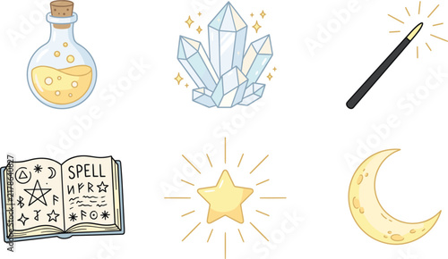 Set of six magical fantasy objects including potion crystals wand spell book star and moon isolated on white background
