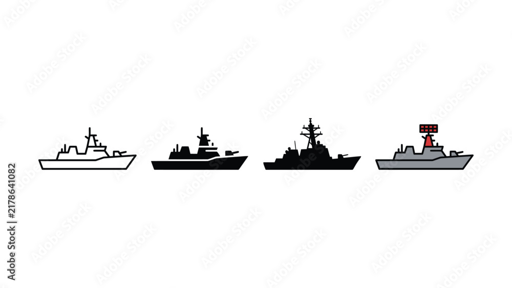 Obraz premium Set of military warship icons featuring different styles of naval vessels