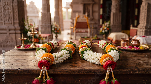 Two fresh floral garlands prepared for an upcoming wedding ceremony