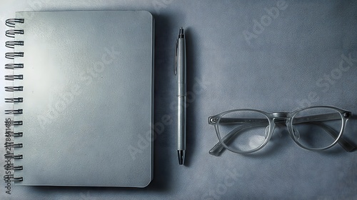 of notebook pen and glasses arranged precisely on plain monochromatic background